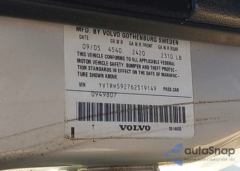 2006 Volvo S60 2.5T из США, поврежденный, VIN YV1RH592762519149